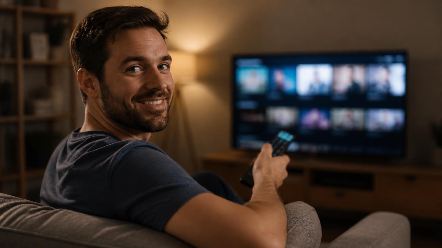 A viewer enjoying a smart iptv roku setup from their living room couch.