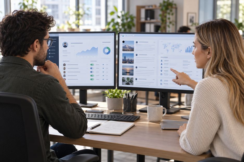 Developer and marketing analyst comparing an account dashboard and public social data on two monitors in a modern office.